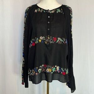 Derek Lam Floral Button Front Blouse Sz 6 Black Long Bell Sleeve Boho Sheer EUC